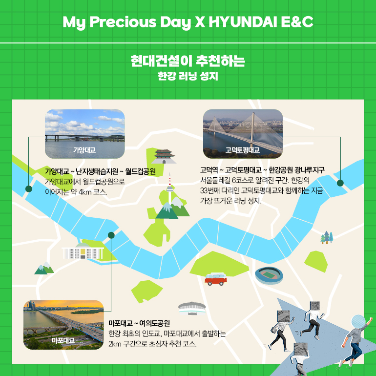 My Precious Day X HYUNDAI E&C 현대건설이 추천하는 한강 러닝 성지 가양대교 가양대교~난지생태습지원~ 월드컵공원 가양대교에서 월드컵공원으로 이어지는 약 4km 코스 고덕토평대교 고덕역~ 고덕토평대교~ 한강공원 광나루지구 서울둘레길 6코스로 알려진 구간, 한강의 33번째 다리인 고덕토평대교와 함께하는 지금 가장 뜨거운 러닝 성지. 마포대교 마포대교~여의도공원 한강 최초의 인도교, 마포대교에서 출발하는 2km 구간으로 초심자 추천 코스